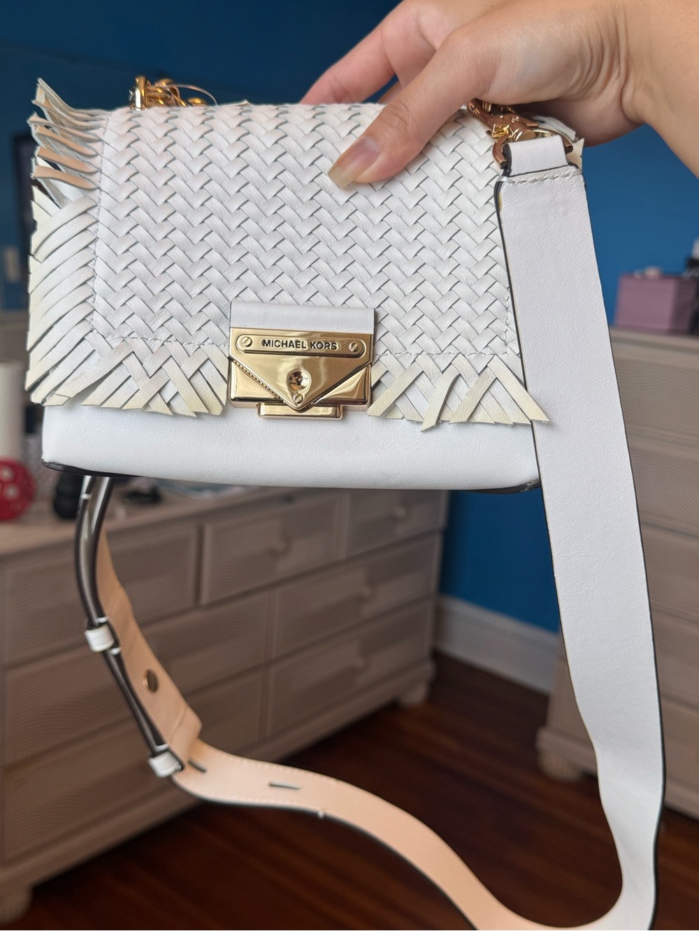 Michael Kors Cece Woven Leather Crossbody Bag White - Picture 2 of 7